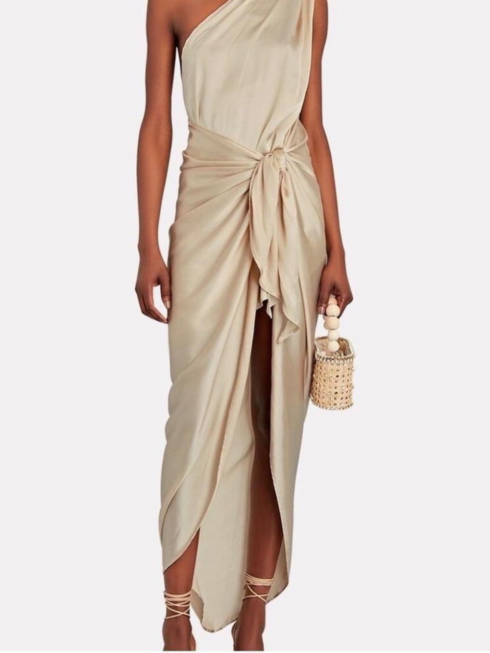 One-Shoulder Beige Knot-Front Maxi Dress
